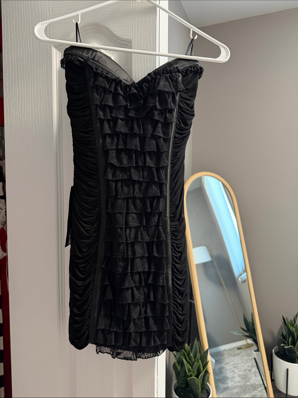 bebe Black Strapless Ruffle Cocktail Dress